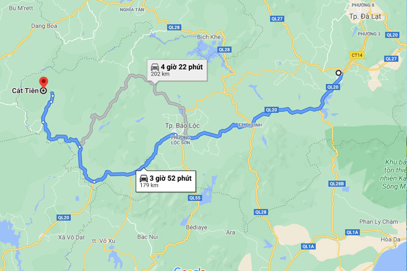 Từ sân bay Liên Khương đi Cát Tiên là khoảng 165 kilomet